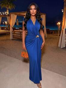 AIJ Women's V-Neck Cap Sleeve Long Elegant Dress, Blue Wrap Ruched Metal Buckle Fitted Bodycon Skirt, Party Dress, Suitable For Autumn Wedding Guest, Prom, Night Out, Graduation Ceremony And Evening Dinner, Christmas - Royal Blue - View 5