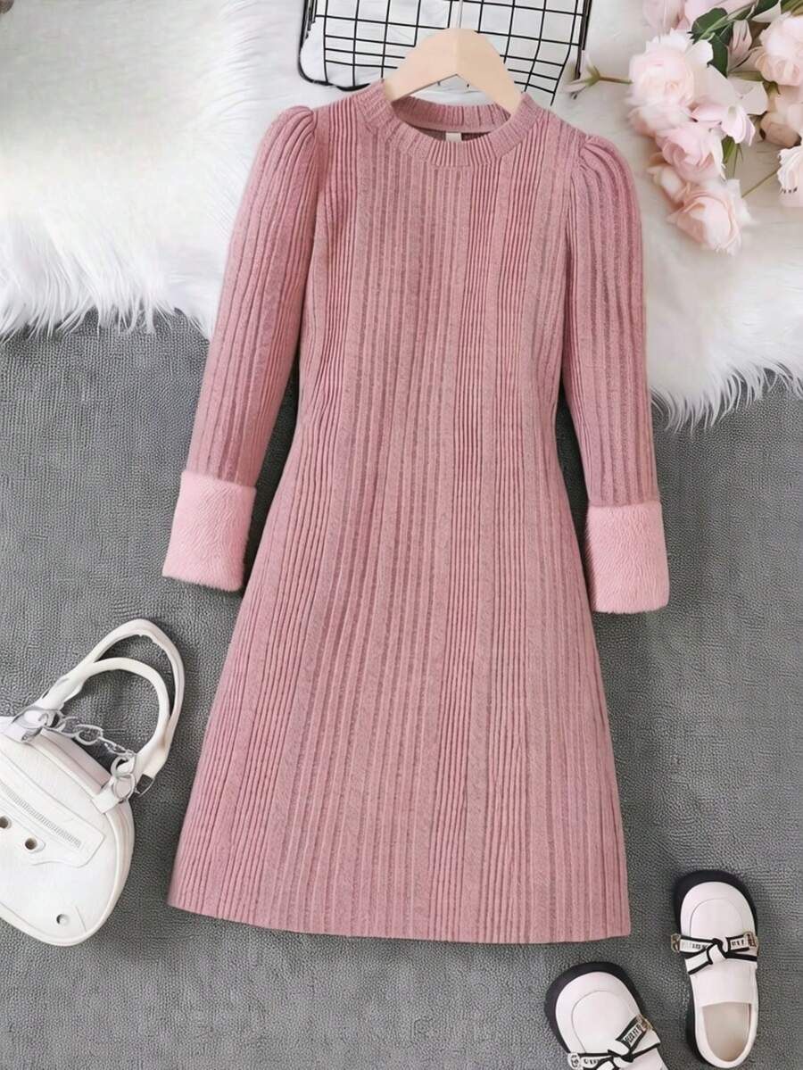 Vestido casual de punto acanalado con cuello redondo y puños de felpa con patchwork para niñas preadolescentes, primavera/otoño - Rosa - Ver 1