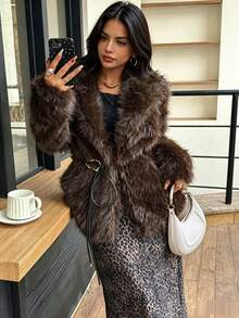 DEEKA Autumn/Winter New Faux Fur Thick Warm Mid-Length Coat With Belt - Chocolate Brown - View 1