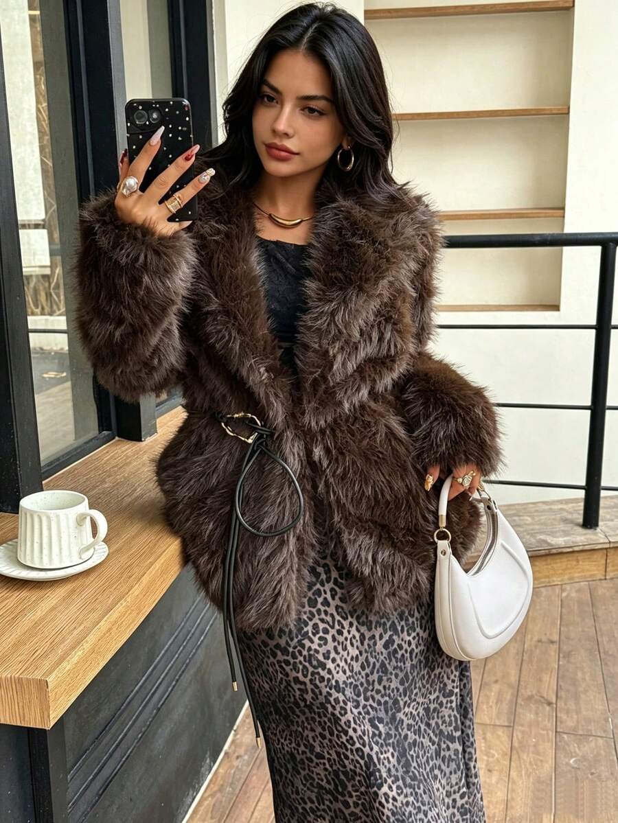 DEEKA Autumn/Winter New Faux Fur Thick Warm Mid-Length Coat With Belt - Chocolate Brown - View 1