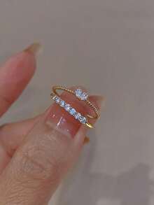 2 piezas Juego de anillos de lujo de nicho exquisitos con forma de corazón para el dedo índice, juego de anillos abiertos apilables estilo Ins para mujeres - Amarillo Oro - Ver 3