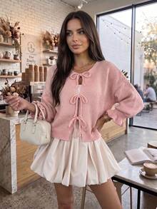 Autumn New Women's Front Bowknot Ruffle Bell Sleeve Drop Shoulder Loose Pink Cardigan, Halloween Costume, Women's Elegant Cardigan, Sweet Style Outerwear Top, Holiday Outfit, Concert Outfit, Birthday Outfit, Women's Concert Outfit - Pink - View 4