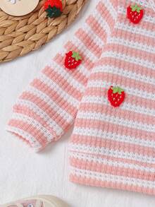 2pcs Baby Girl 3D Strawberry Decor Striped Long Sleeve Cardigan & Leggings Set, Thin Spring/Autumn Mori Style Cute - Pink - View 7