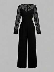 Women's Sexy Elegant Lace Patchwork Sheer Pocket Loose Jumpsuit Black - Black - View 4