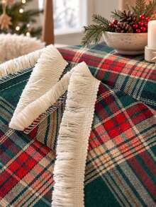 Round Christmas Plaid Tablecloth Red Green Tartan With Tassel Fringe Edge, Scandinavian Style Holiday Dining Table Cover, Cozy Winter Home Decor - Green - View 6