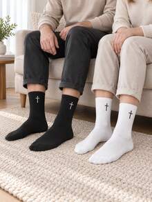2 Pairs Simple Embroidered Crew Socks For Men Women Ribbed Cuff Breathable Versatile Socks Basic Casual Socks For Home Commute Sports All Seasons - Multicolor - View 5