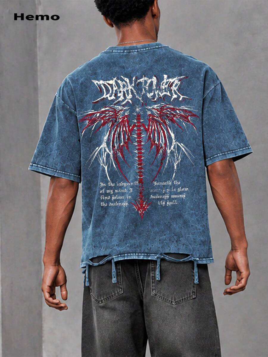 Kaos Hemo Pria Motif Jalanan Musim Panas, Sedikit Elastis, Potongan Slim Fit, Katun Cuci, Kerah Bulat, Lengan Pendek, Atasan Kaos Kasual Sehari-hari dengan Gaya Rusak - Biru - View 1