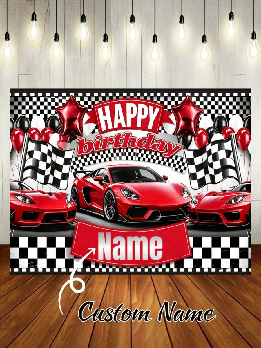 可客製化姓名賽車冠軍生日橫幅,黑白旗格設計搭配紅色賽車圖案,生日派對牆面裝飾拍照背景布,乙烯基橫幅,個性化禮物,賽車風格,F1大獎賽派對用品 - 彩色 - 查看 1