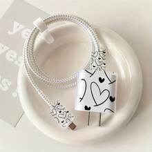 5pcs 2D Flat Design Hand-Drawn Heart Phone Charger Protection Set, Charger Head Cover + Cable Protector + Storage Rope + Data Cable Protection Rope, Compatible With Iphone 20W/18W Charger - Multicolor - View 1