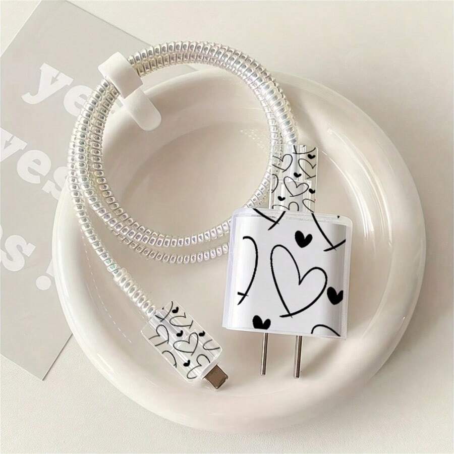 5pcs 2D Flat Design Hand-Drawn Heart Phone Charger Protection Set, Charger Head Cover + Cable Protector + Storage Rope + Data Cable Protection Rope, Compatible With Iphone 20W/18W Charger - Multicolor - View 1
