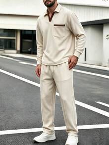 GOLDREDY Minimalist Waffle Texture Colorblock Patchwork Design Polo Half-Placket Long Sleeve With Solid Color Long Pants Men's Essential Polo Set - Apricot - View 4