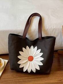 1pc 3D Floral Pattern Canvas Fabric Large Capacity Zipper Closure Casual Sweet Tote Shoulder Bag Suitable For Women's Daily Commute And Vacation - A - View 2
