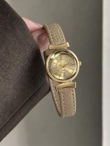 1pc Quartz Watch, Daily Wear, Casual Fashion, Simple Retro Style, PU Leather Strap Watch, Holiday Gift Selection - Khaki - View 1