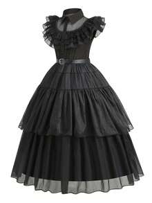 Tween Girl / Tween Girl Black Dress, Lapel Collar, Short Flutter Sleeves, Mesh Patchwork, Multi-Layer Tiered Long Skirt, Children's Black Formal Dress - Black - View 4