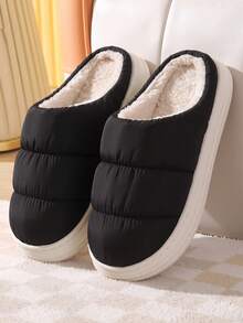 Men's Thick Sole Thermal Lined Slippers, Slip-On Warm Couple Home Shoes For Autumn/Winter - Black - View 9