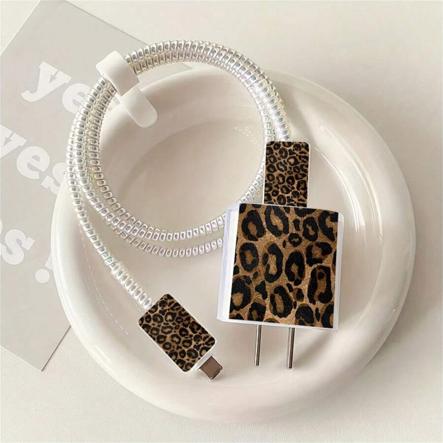 5件組 2D扁平設計豹紋手機充電器保護套組,充電頭保護套 + 線材保護套 + 收納繩 + 數據線保護纏繩,相容 iPhone 20W/18W 充電器 - 彩色 - 查看 1