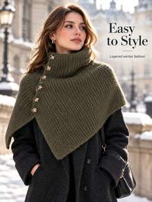 Stylish High-Neck Knitted Wrap Shawl Featuring An Asymmetrical Cut And Side Button Detailing; Warm, Comfortable, And Versatile For Stylish Layering Across All Seasons. - Multicolor - View 6