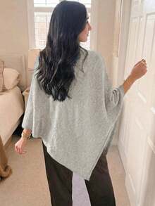 2026 Women's Fashion Oatmeal Knit Loose Cape Shawl Sweater, Suitable For Autumn/Winter Wear, Long Asymmetrical Design, Slightly Elastic, Comfortable And Versatile - Light Grey - View 5