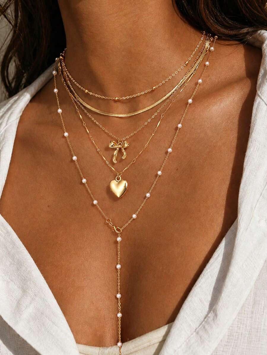 5pcs Simple Fashion Bowknot Heart Faux Pearl Y-Shaped Chain Necklace Set For Women, Sisters, Vacation, Date, Gift, Daily Casual, Party, Wedding, Matching With Mom - Golden - View 1