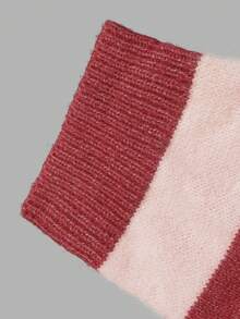 Aflion Women Summer Fall Red Pink Striped Knit Sweater, Round Neck Drop Shoulder Long Sleeve Cropped Pullover - Multicolor - View 5