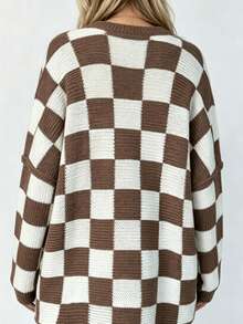 Women's Autumn/Winter Checkerboard V-Neck Contrast Color Cardigan Sweater, Loose Fit Lantern Sleeve Plus Size Slouchy Dropped Shoulder Mid-Length Knit Jacket, Suitable For Autumn/Winter Wear - Coffee Brown - View 3