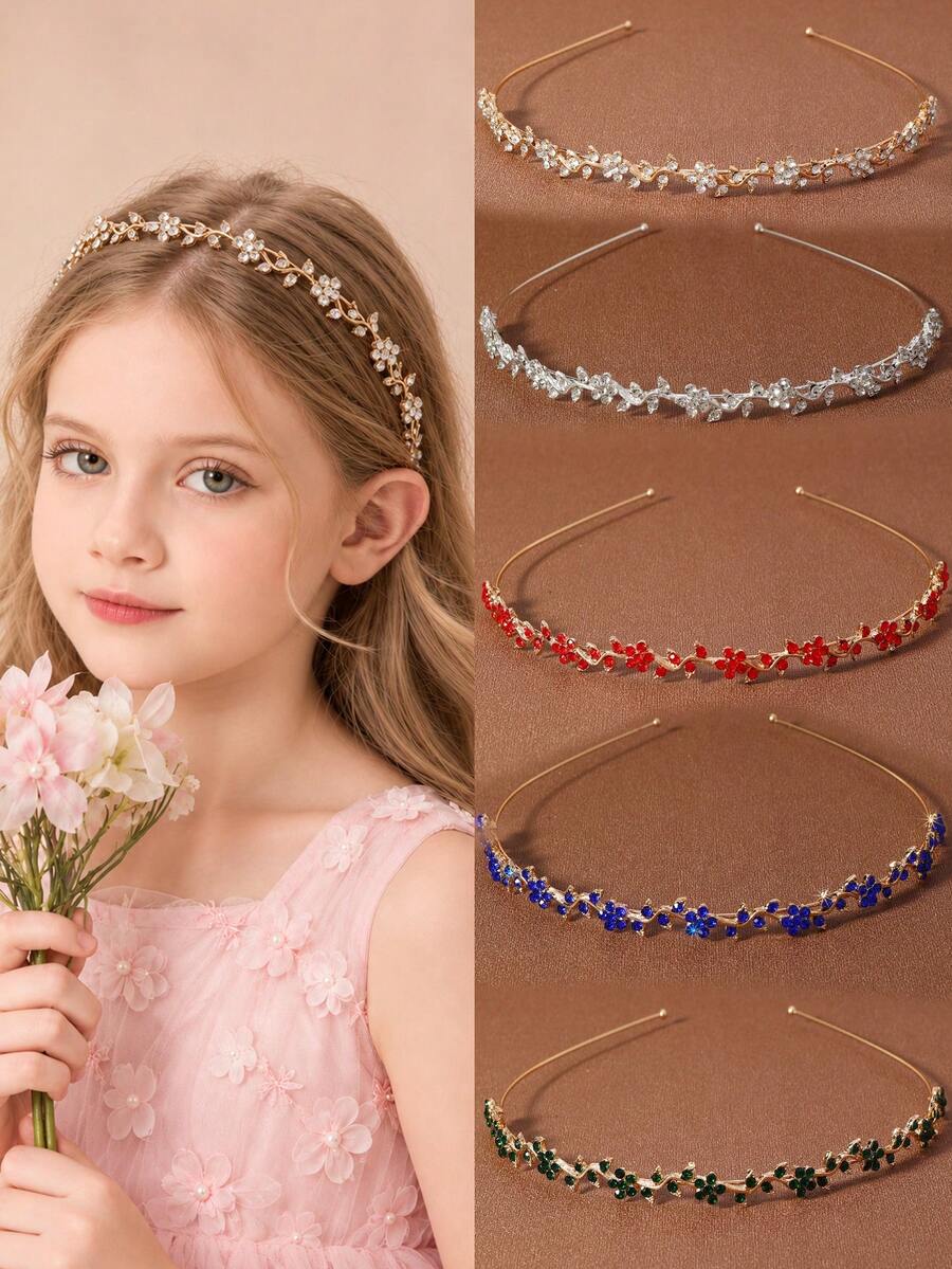 1pc Kids Rhinestone Flower Headband, Sparkly Vine Hair Band For Girls, Princess Hair Accessory For Birthday Party, Pageant, Photo Day, Holiday - Multicolor - View 1