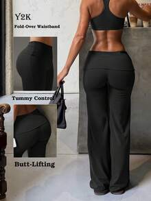 Y2K Fold-Over Waist Tummy Control Butt-Lifting Flare Pants, Black Slimming Long Pants For Autumn/Winter, Casual Versatile, Outdoor Fitness, Party Wear - Black - View 1