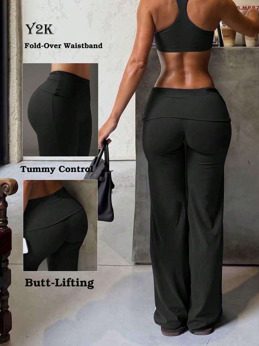 Y2K Fold-Over Waist Tummy Control Butt-Lifting Flare Pants, Black Slimming Long Pants For Autumn/Winter, Casual Versatile, Outdoor Fitness, Party Wear - Black - View 1