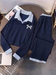 Girls' Autumn/Winter Casual 2 Pieces Set, Navy Blue Patchwork Striped Double Collar Long Sleeve Top + Versatile Long Pants, Suitable For Travel And School Wear - Royal Blue - View 1