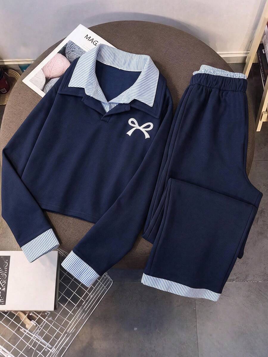 Girls' Autumn/Winter Casual 2 Pieces Set, Navy Blue Patchwork Striped Double Collar Long Sleeve Top + Versatile Long Pants, Suitable For Travel And School Wear - Royal Blue - View 1