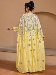 JINLICX Luxury Yellow Kaftan Silver Rhinestone Sequin Floral Embroidery Cape Maxi Dress - Yellow - View 3