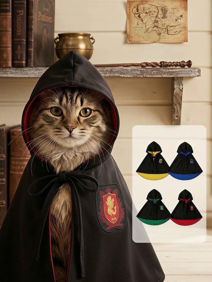PETSIN 萬聖節寵物斗篷服裝套裝,附襯衫領、領帶與眼鏡,魔法學校貓狗角色扮演服裝,適合貓咪與小型犬 - 彩色 - 查看 1