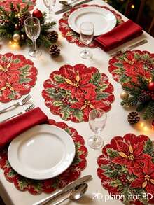 8pcs/4pcs/1pc Round Placemats, Winter Floral And Pine Cone Pattern, Suitable For Christmas Party Decoration, Theme Party, Christmas Dinner, Vintage Style Party - One Size Fits All - View 8