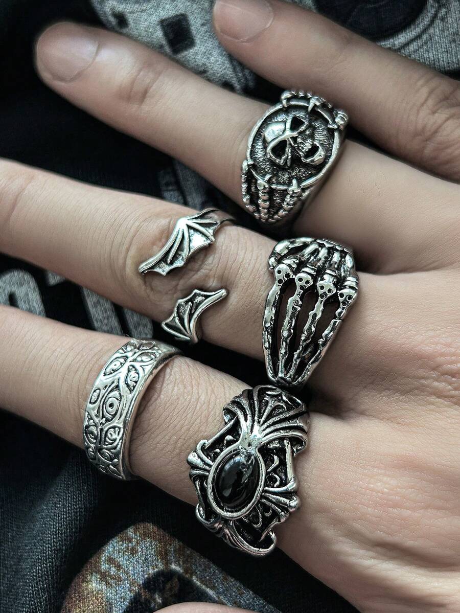 5pcs Gothic Punk Skull Eye Rings, Inlaid Plastic Gemstones, Men's Daily Party Wear, Gift For Family And Friends, Halloween - Antique Silver - View 1
