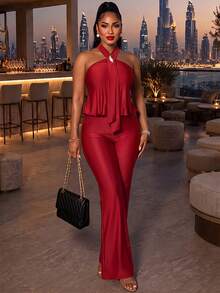 Women's Burgundy Halter Neck Sleeveless Backless Long Jumpsuit, Ruched Detail, High Elastic Knit Fabric, Suitable For Autumn Wear - Burgundy - View 9