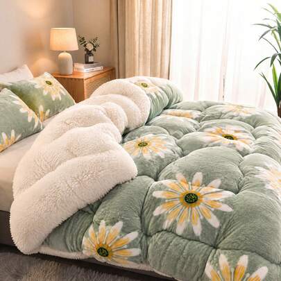 Fresh Green Background Daisy Print Reversible Winter Quilt, Grid Quilted Cotton Lock Design, Thickened Warm Bedding For Autumn & Winter, Skin-Friendly Anti-Static Decorative Bed Quilt For Home Bedroom