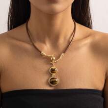 1pc Women's Woven Brown Leather Rope Necklace, Branch-Shaped Decorative Element, Double-Layer Oval Amber-Textured Stone Pendant, Vintage Textured Binding, Suitable For Daily Wear And Party Looks - Yellow Gold - View 5