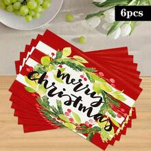 1/4/6pcs Christmas Series Red & White Striped Christmas Wreath Pattern Printed Placemats, Heat Resistant Table Mat For Home Kitchen/Kitchen Table Protection, Party Scene Decoration - Multicolor - View 13