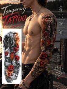 Men's Large Full Arm Waterproof Temporary Tattoo Stickers, Realistic Wolf Rose Skull Clock Fake Body Tattoo, Suitable For Arms & Thighs, Holiday Party And Vacation, Lasts 2-5 Days - Halloween - View 13