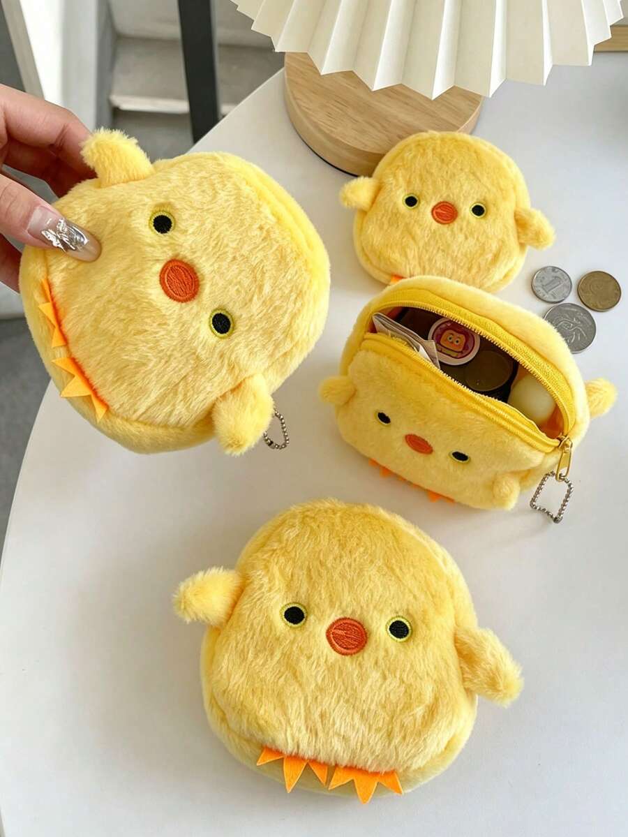1pc Kids Cute Chick Pattern Plush Soft Fabric Large Capacity Zipper Keychain Coin Purse, Kawaii Style Small Storage Bag, Suitable For Daily Use And Holiday Gifts - Multicolor - View 1