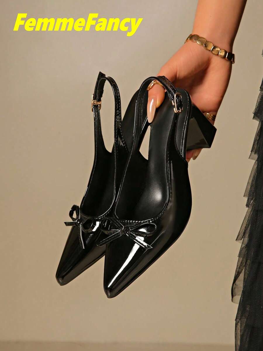 New Women's Spring/Autumn Solid Color Sexy Pointed Toe Chunky Heel Sandals, Back Slingback High Heels, Suitable For Commuting, Nightclub Party, Versatile For Dresses