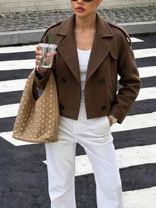 Women's Solid Brown Short Jacket, Lapel Double-Breasted Short Jacket, Elegant & Fashionable, Commute & Business, Spring/Autumn/Winter Wardrobe Essential - Brown - View 6