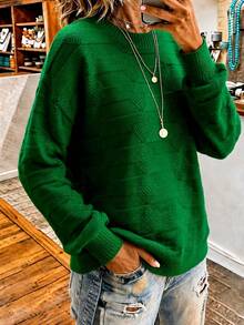 NZZOF Solid Color Crew Neck Long Sleeve Minimalist Pullover Sweater - Green - View 3