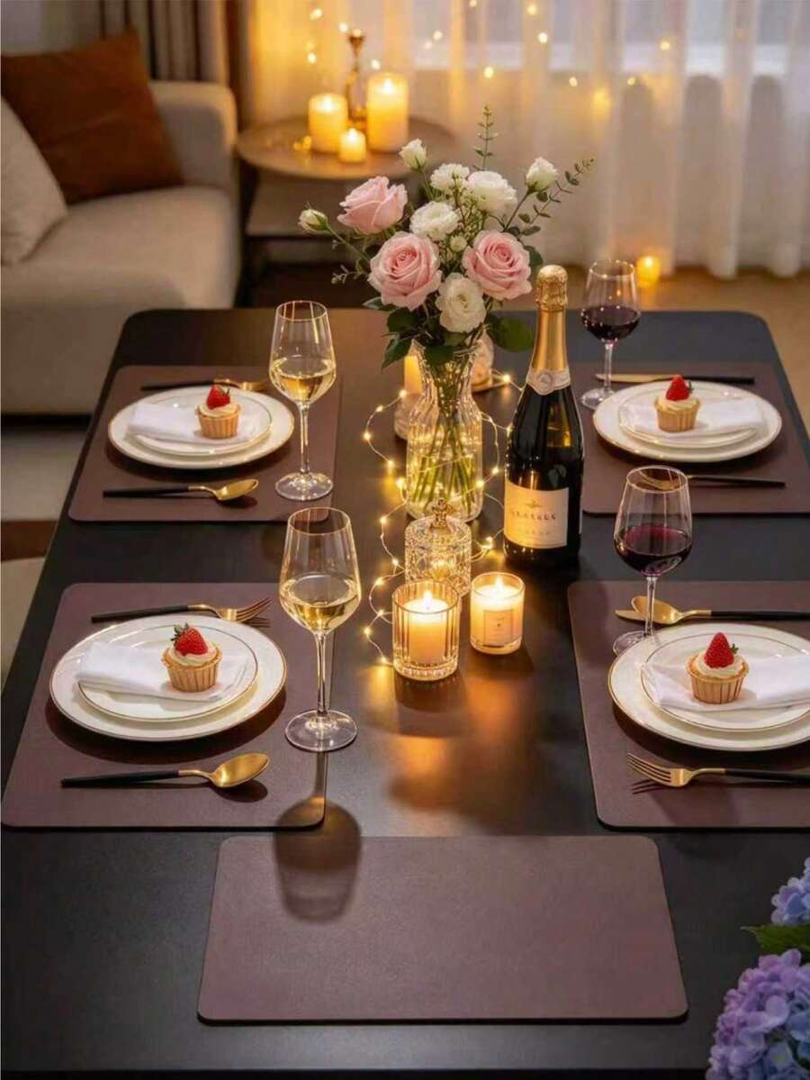1/4pcs Brown Rectangular PVC Synthetic Leather Placemats, Heat-Resistant Anti-Scald Tabletop Protection, Non-Slip Wear-Resistant Rollable Easy Storage, Washable Easy Cleaning, Suitable For Restaurant Dinner Table Decor, Wedding Holiday Table Placemats, Indoor And Outdoor Decoration - Multicolor - View 1
