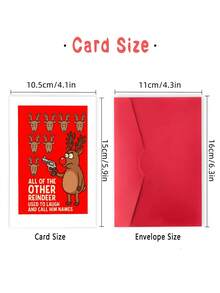 1pc Funny Christmas Card For Friend, Brother, Coworker – Reindeer Cartoon Illustration, Holiday Humor, Thickened, With Envelope - A - View 2
