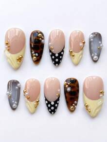 10 PCS Handmade Fall Nails Medium Almond Acrylic Press On Nails, Tortoiseshell & Polka Dot French Tip With Pearl, Removable Reusable Nail Supplies Set (Jelly Glue & Nail File Incl.) - Multicolor - View 2