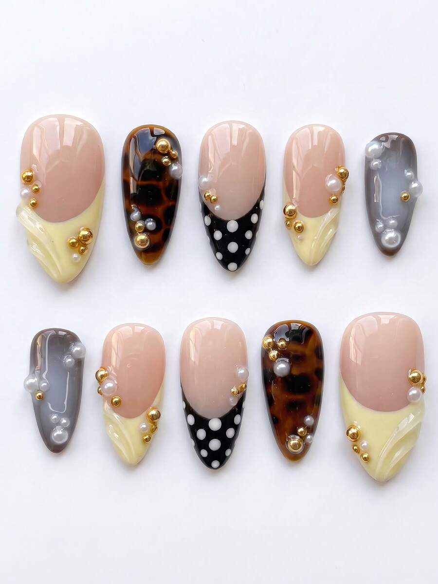 10 PCS Handmade Fall Nails Medium Almond Acrylic Press On Nails, Tortoiseshell & Polka Dot French Tip With Pearl, Removable Reusable Nail Supplies Set (Jelly Glue & Nail File Incl.)