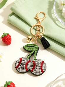 1pc Rhinestone Cherry Football Baseball Tassel Keychain Car Key Bag Pendant Geometric Pattern Casual Zinc Alloy All Season - White - View 1