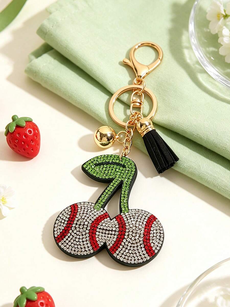 1pc Rhinestone Cherry Football Baseball Tassel Keychain Car Key Bag Pendant Geometric Pattern Casual Zinc Alloy All Season - White - View 1