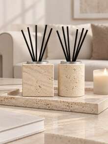 1pc/2pcs Wabi Style Square & Tubular Shaped Diffuser Vessel Set, With Decorative Rim & Volatile Sticks, Reusable Flameless Fragrance Container, For Tabletop Home Display, Housewarming & Anniversary Gift - Stone Aroma Diffuser Bottle - View 4